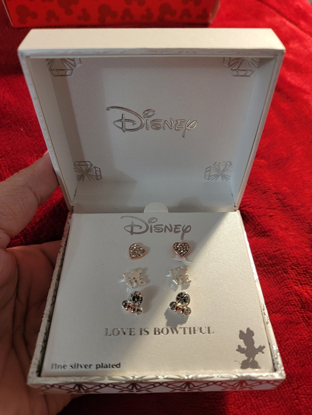 Disney Silver-Tone Heart & Mickey Stud Earring Set with Crystal Accents